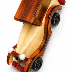 Handcrafted Wooden Vintage Classic Car Toy, Natural Wood and Red Finish, Retro Style, Decorative Collectible