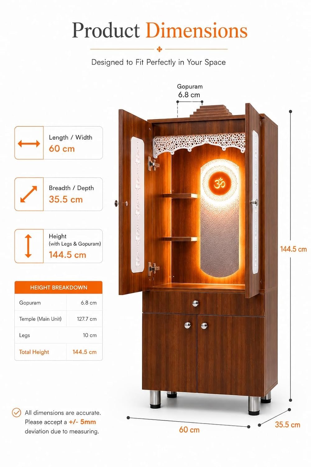 Wooden Mandir with Doors in Walnut Color with Cabinet and Ambient Lighting Ambient Lights, Closed Doors, Cabinet - Image 2