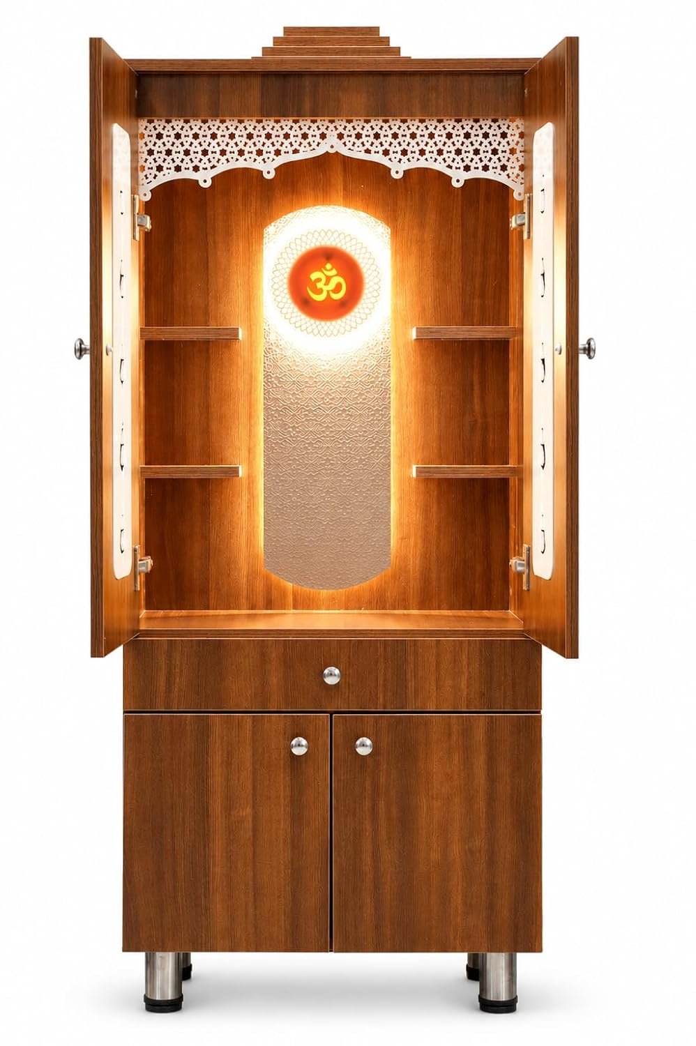 Wooden Mandir with Doors in Walnut Color with Cabinet and Ambient Lighting Ambient Lights, Closed Doors, Cabinet - Image 3
