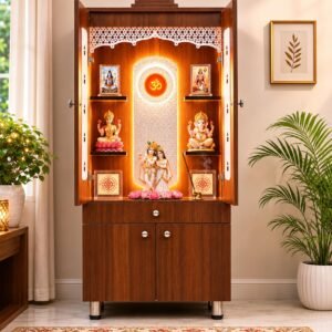 Wooden Mandir with Doors in Walnut Color with Cabinet and Ambient Lighting Ambient Lights, Closed Doors, Cabinet