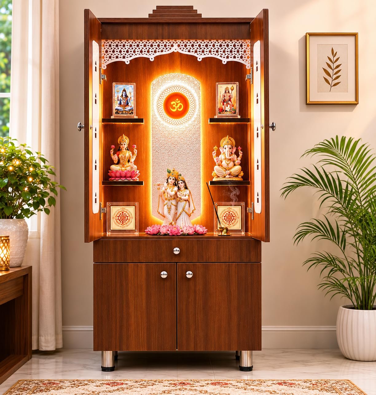 Wooden Mandir with Doors in Walnut Color with Cabinet and Ambient Lighting Ambient Lights, Closed Doors, Cabinet