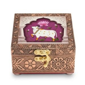 Wooden Jewellery Box for Women — Marigold Gold | Handcrafted Pichwai Design with Lock | 4x4 Inch Organizer for Earrings Rings | Return Gift for Wedding Diwali Pooja