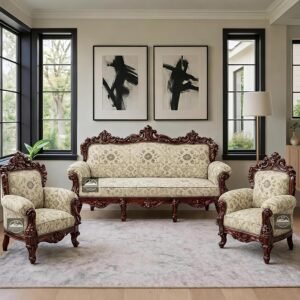 Royal Carved Wooden Sofa Set | 3+1+1 Seater | Antique with Button Tufted Velvet Upholstery | Victorian Style Living Room Furniture Tufted Sofa Set Grey 3-Piece (Design 5)