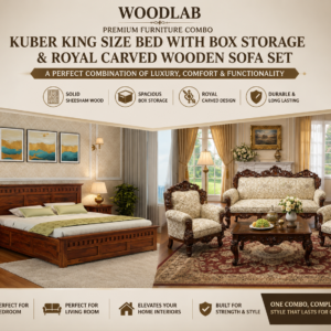 WOODLAB Sheesham Wood Kuber King Size Bed with Box Storage & Royal Carved Wooden Sofa Set – Premium Bedroom & Living Room Furniture Combo