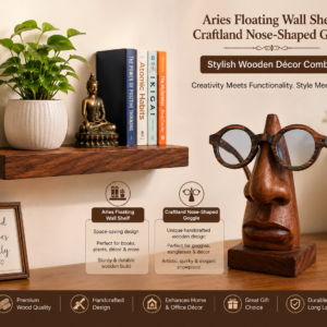 Aries Floating Wall Shelf & Craftland Handcrafted Nose-Shaped Goggle – Stylish Wooden Décor Combo