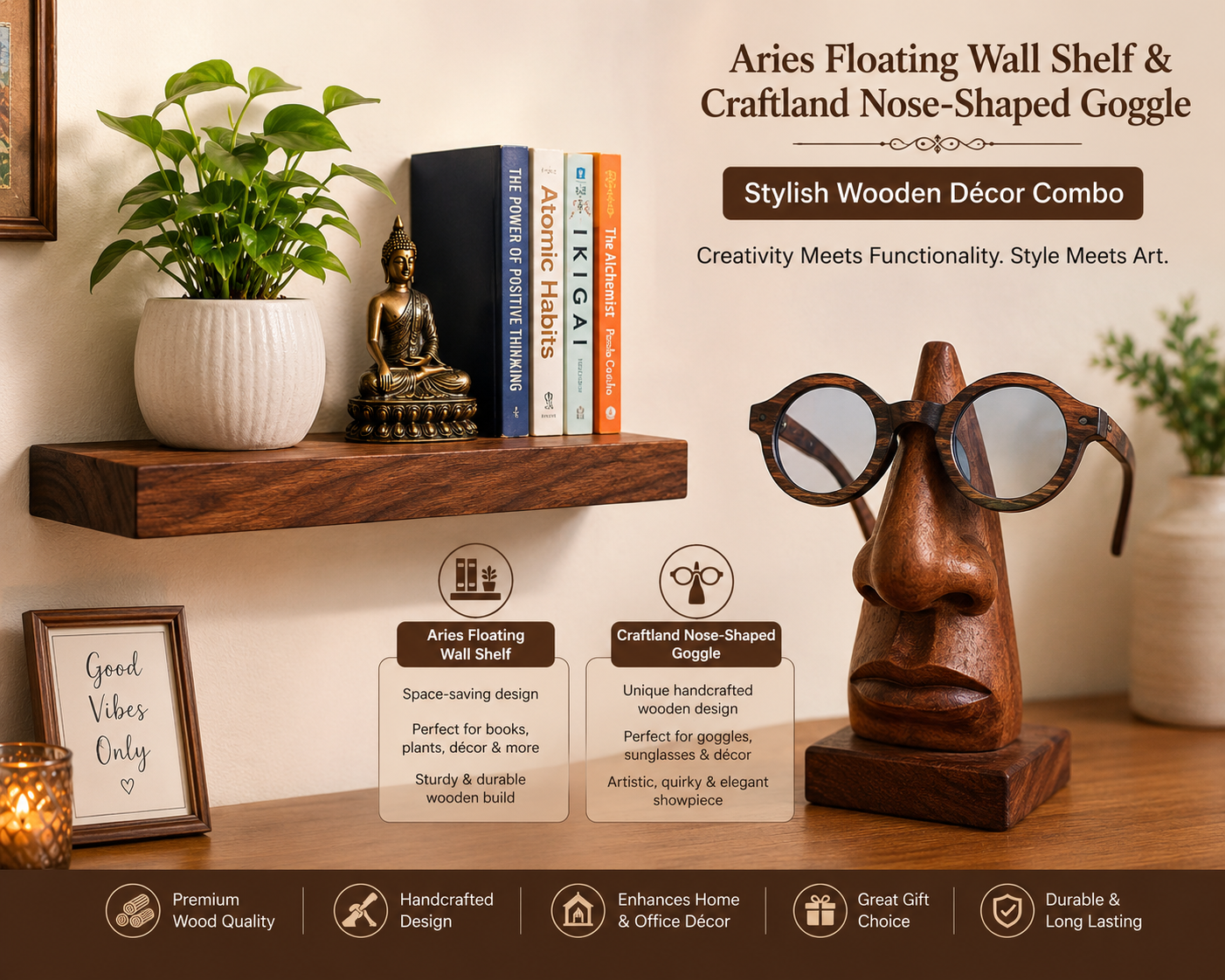 Aries Floating Wall Shelf & Craftland Handcrafted Nose-Shaped Goggle – Stylish Wooden Décor Combo