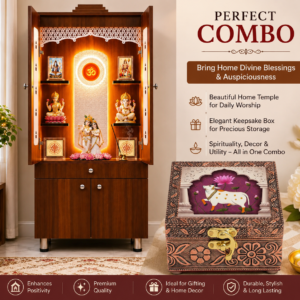 Wooden Jewellery Box & Wooden Mandir with Doors – Elegant Home Décor & Spiritual Combo Set